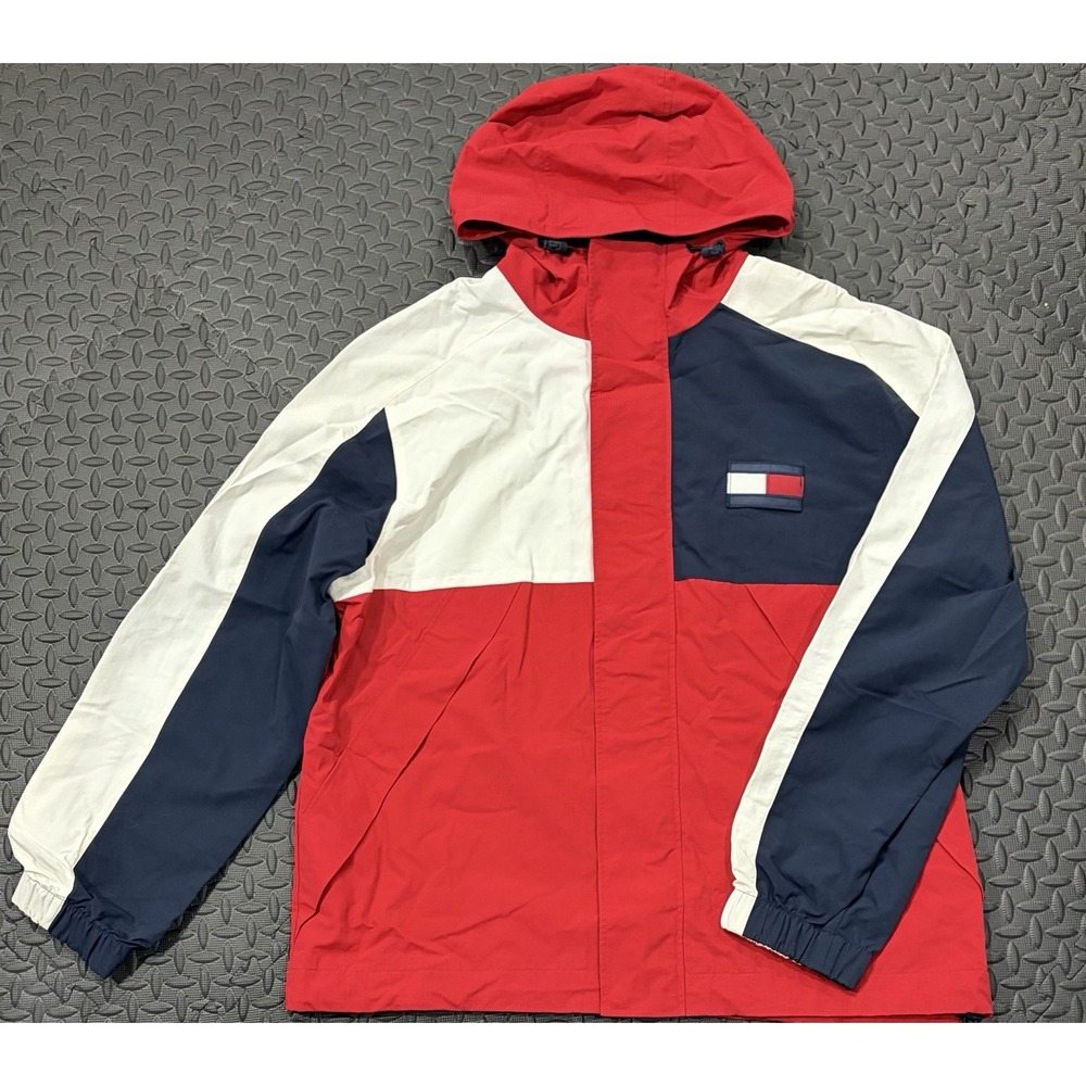 Tommy Hilfiger Windbreaker Colorblock Hooded XL White Navy Red Logo Zipper Y2K